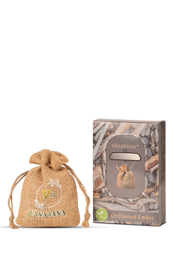 Car Air Freshener | Lasts 45+ Days | Organic Jute Hanging Pouch | Long Lasting Wood Diffuser | Car Perfume | Natural Aroma | Pack of 3 Fibre Wood with Jute Pouch | Driftwood Ember | Vasavana