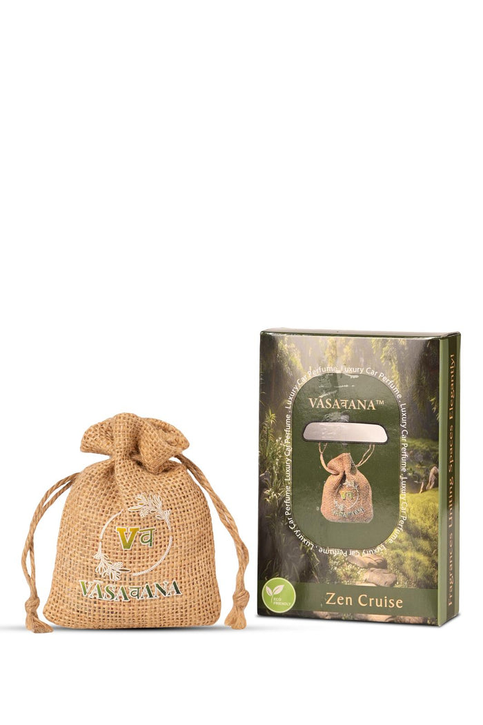 Car Air Freshener | Lasts 45+ Days | Organic Jute Hanging Pouch | Long Lasting Wood Diffuser | Car Perfume | Natural Aroma | Pack of 3 Fibre Wood with Jute Pouch | Zen Cruise | Vasavana
