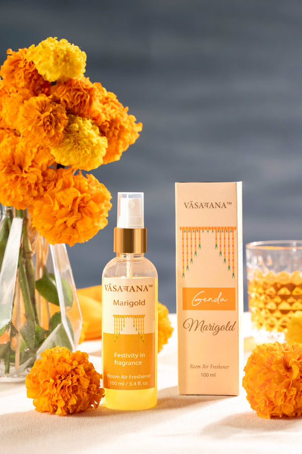 Marigold Natural Mist Spray by Vāsaवana | 100 ml / 3.3oz | Made with Marigold flower extract | Ideal for meditation and rituals | Non-alcoholic, non-toxic & vegan | Vasavana