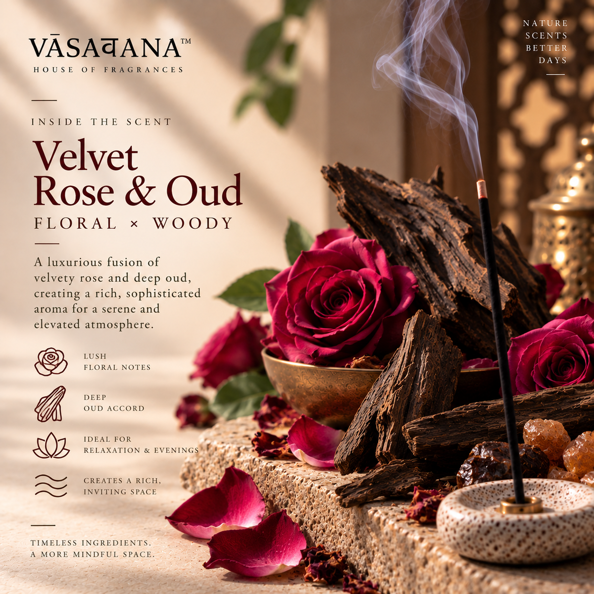 Velvet Rose & Oud Incense Sticks – Pack of 30 | Vasavana