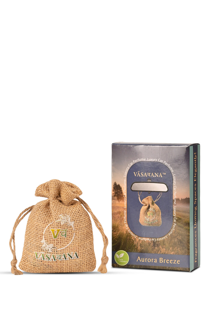 Car Air Freshener | Lasts 45+ Days | Organic Jute Hanging Pouch | Long Lasting Wood Diffuser | Car Perfume | Natural Aroma | Pack of 3 Fibre Wood with Jute Pouch | Aurora Breeze | Vasavana