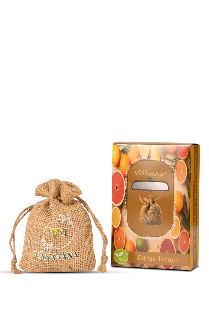 Car Air Freshener | Lasts 45+ Days | Organic Jute Hanging Pouch | Long Lasting Wood Diffuser | Car Perfume | Natural Aroma | Pack of 3 Fibre Wood with Jute Pouch | Citrus Torque | Vasavana