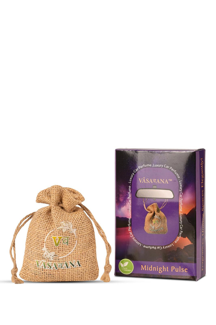 Car Air Freshener | Lasts 45+ Days | Organic Jute Hanging Pouch | Long Lasting Wood Diffuser | Car Perfume | Natural Aroma | Pack of 3 Fibre Wood with Jute Pouch | Midnight Pulse | Vasavana