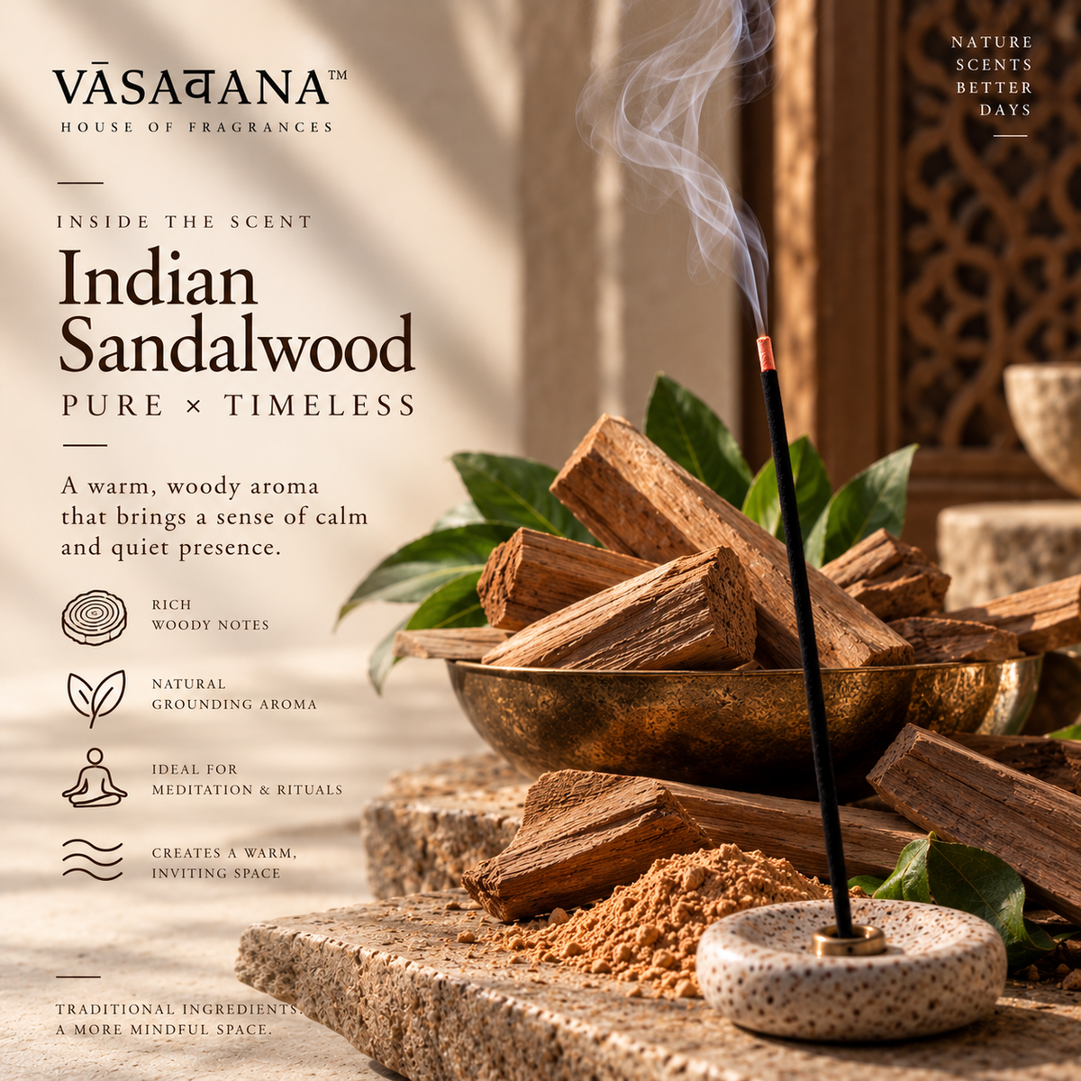 Indian Sandalwood Incense Sticks – Pack of 30 | Vasavana